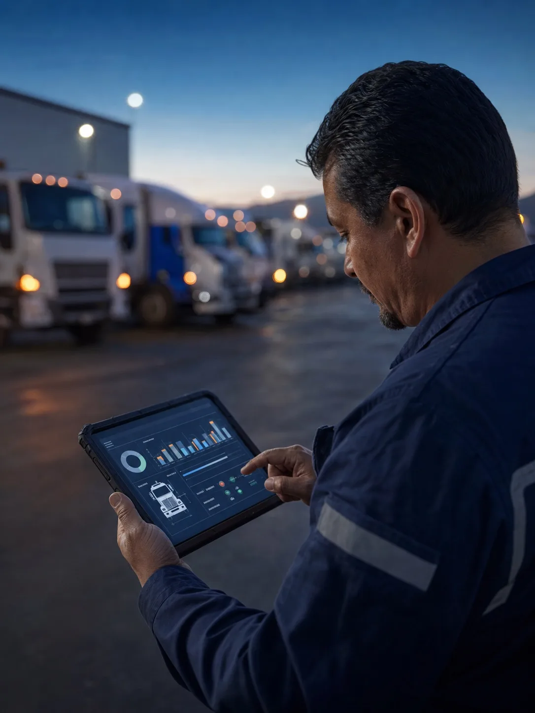 Supervisor revisando indicadores de desempeño de vehículos en una terminal